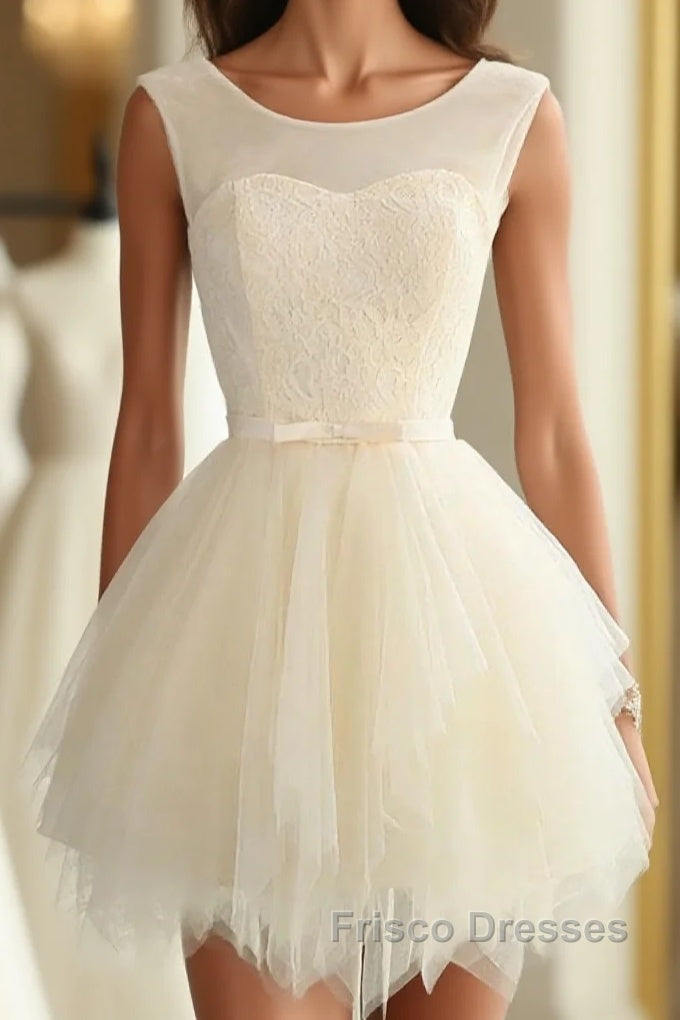 Cute A Line Tulle Round Neck Mini Formal Prom Dress, Cheap Evening Dress Main image