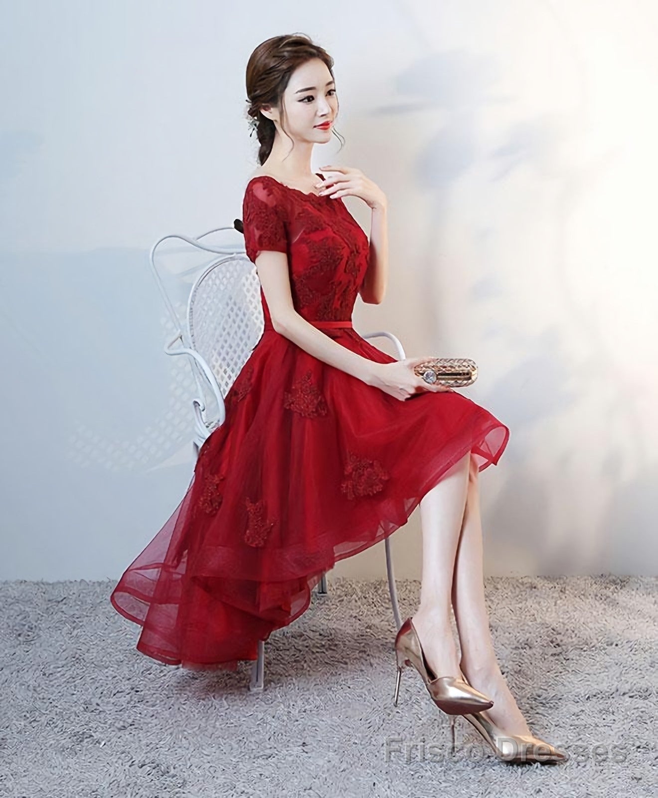 Burgundy Lace High Low Short Prom Dress, Lace Evening Dress Main image