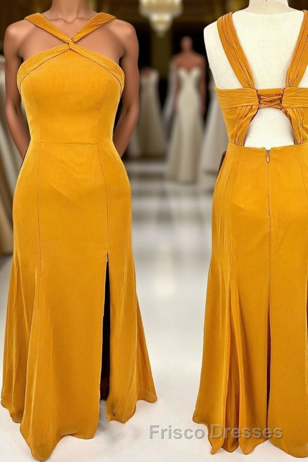 Cross Straps Mustard Yellow Chiffon Long Bridesmaid Dress with Slit