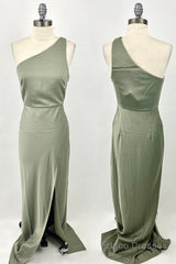 One Shoulder Green Mermaid Long Bridesmaid Dress with Slit