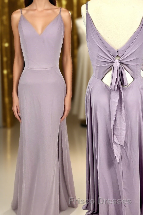 Straps Purple A-line Long Bridesmaid Dress with Tie Back