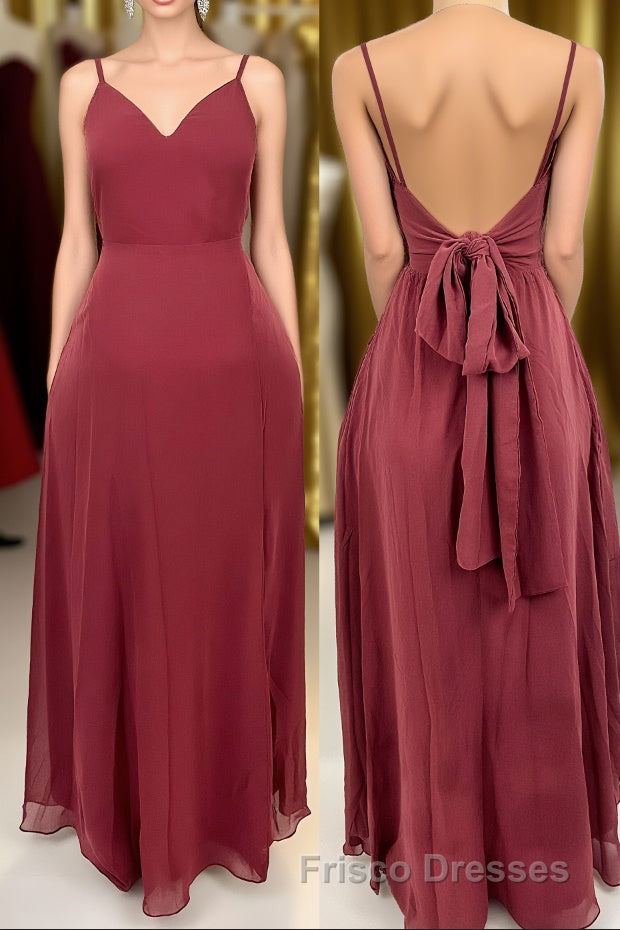 Ruffle Straps Burgundy Chiffon A-line Long Bridesmaid Dress Main image