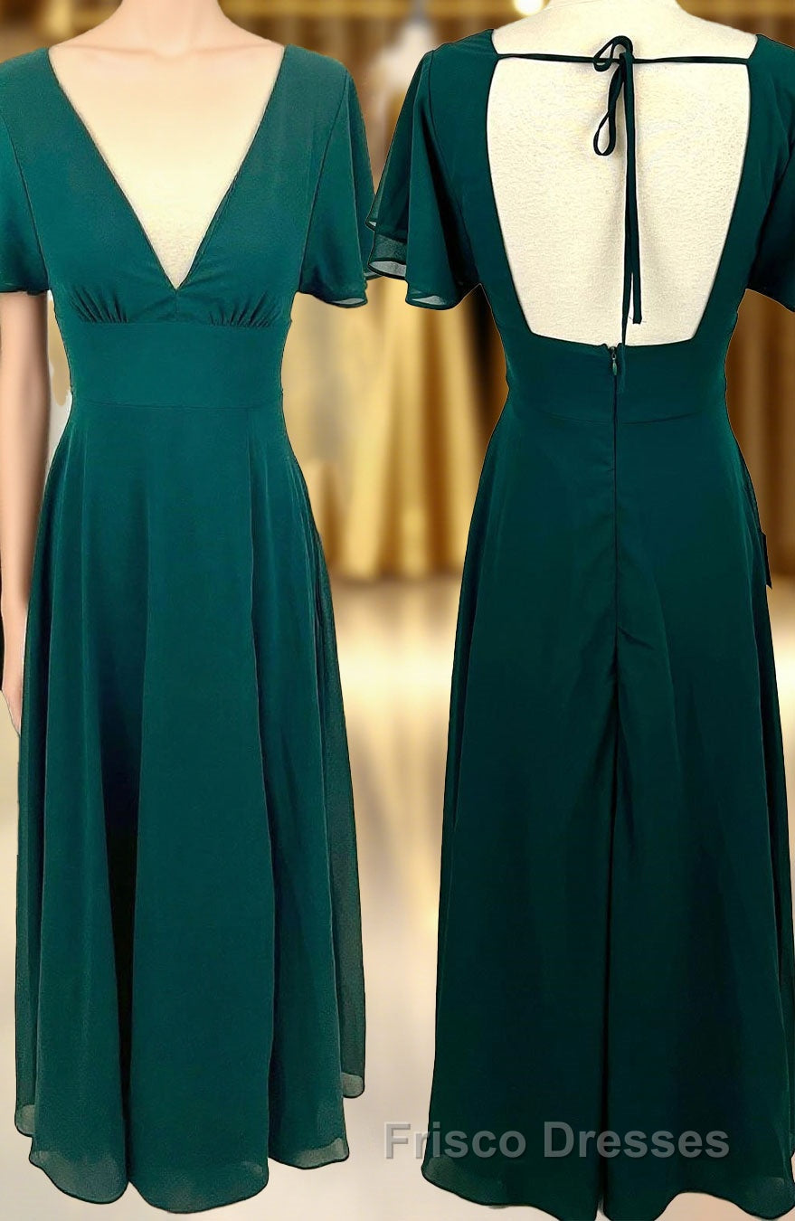 Flounce Sleeves Green Chiffon V Neck Long Bridesmaid Dress Main image