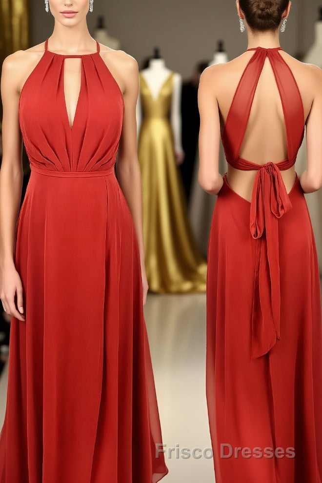 Scoop Red A-line Chiffon Long Bridesmaid Dress with Open Back Main image