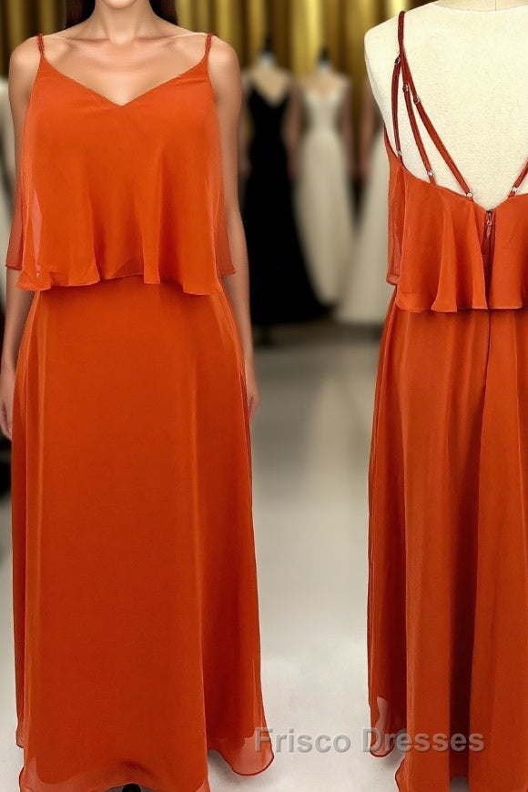Straps Flounce Orange Chiffon Long Bridesmaid Dress Main image