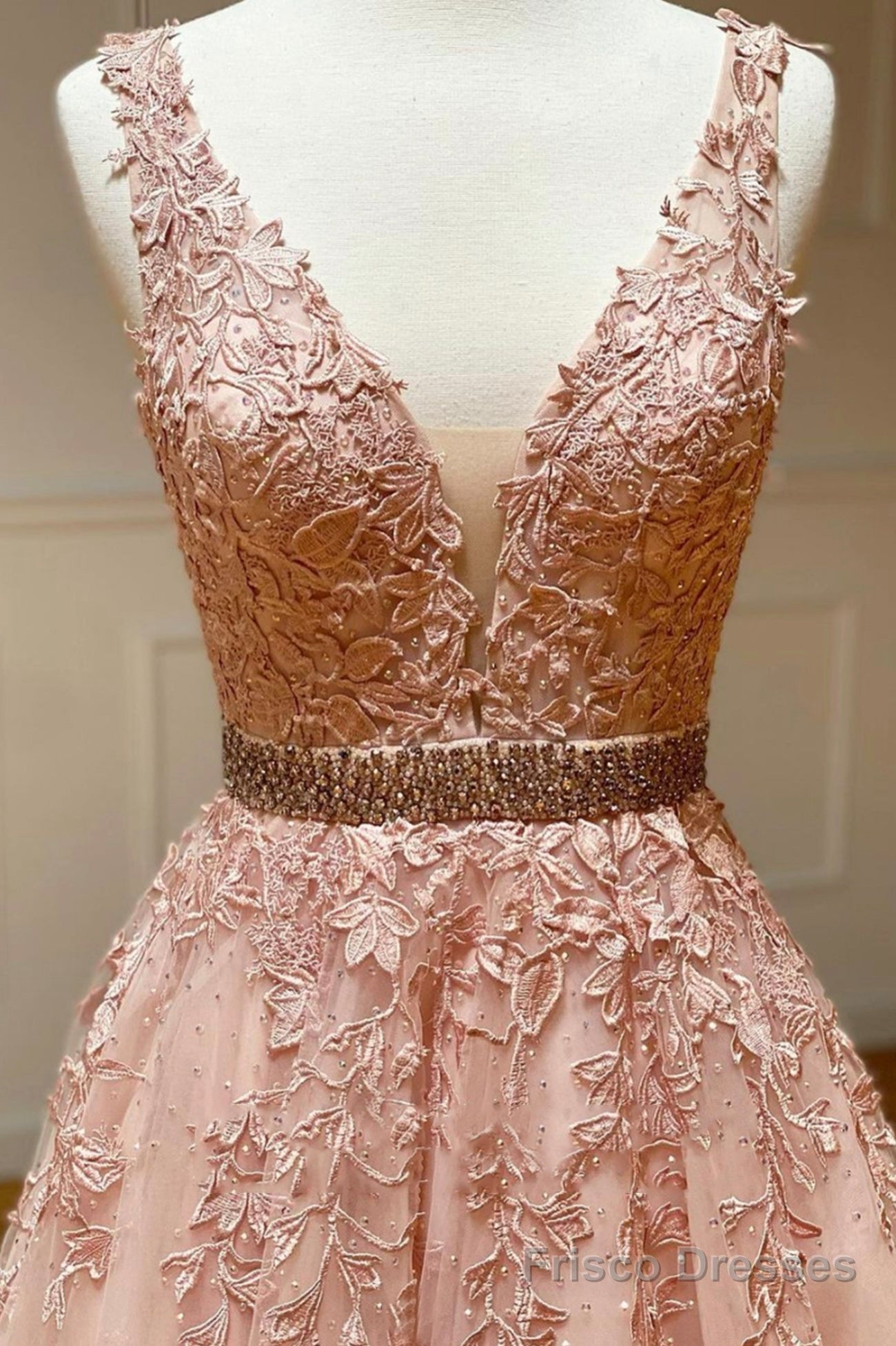 Pink V-Neck Lace Long Prom Dresses, A-Line Tulle Graduation Dresses Secondary image