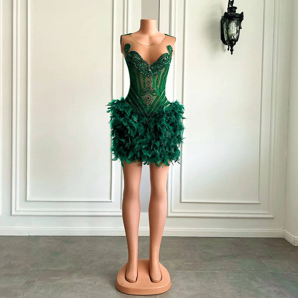 Real Luxury Black Girls Formal Occasion Birthday Party Dresses Emerald Green Feather Women Short Prom Dress Main image