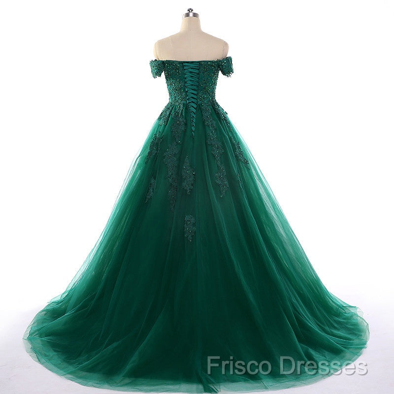 Real Off Shoulder Green Formal Prom Dress Beaded Appliques Emerald Quince Dress Secondary image