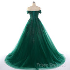 Real Off Shoulder Green Formal Prom Dress Beaded Appliques Emerald Quince Dress