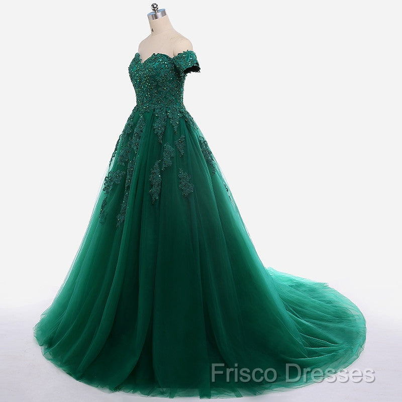 Real Off Shoulder Green Formal Prom Dress Beaded Appliques Emerald Quince Dress