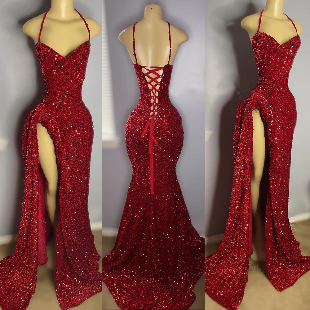 Real Sample Sexy High Slit Halter Sleeveless Sparkly Red Sequined Black Girls Long Prom Dresses Secondary image