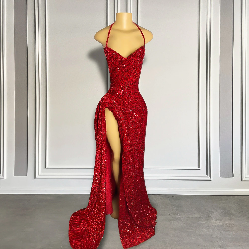 Real Sample Sexy High Slit Halter Sleeveless Sparkly Red Sequined Black Girls Long Prom Dresses Main image