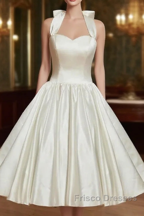 Reception Little White Dress Wedding Dress A-Line Halter Sleeveless Tea Length Satin Bridal Gowns With Bow(S) Pleats Main image