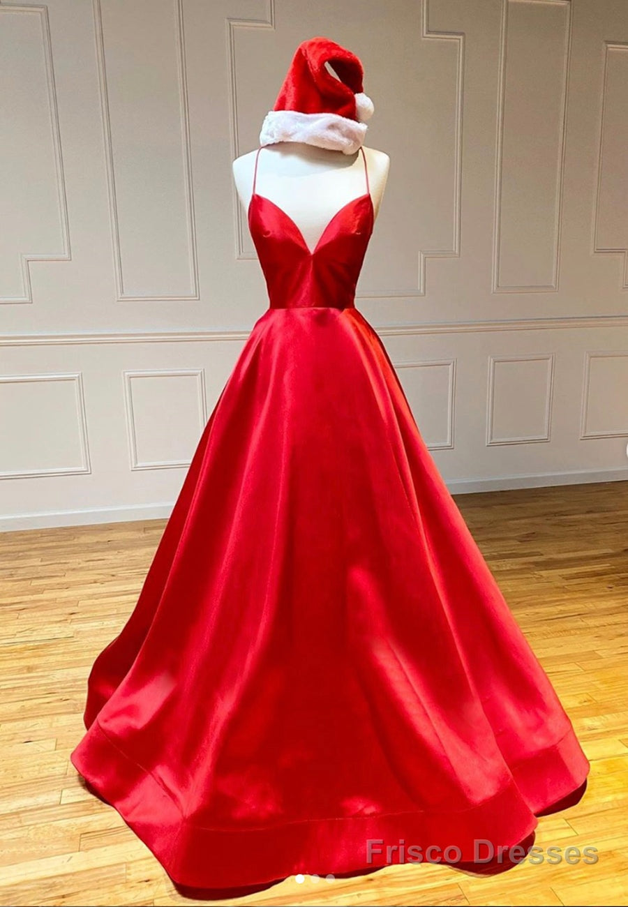 Red Satin Long Prom Dresses, Simple A-Line Evening Dresses Main image