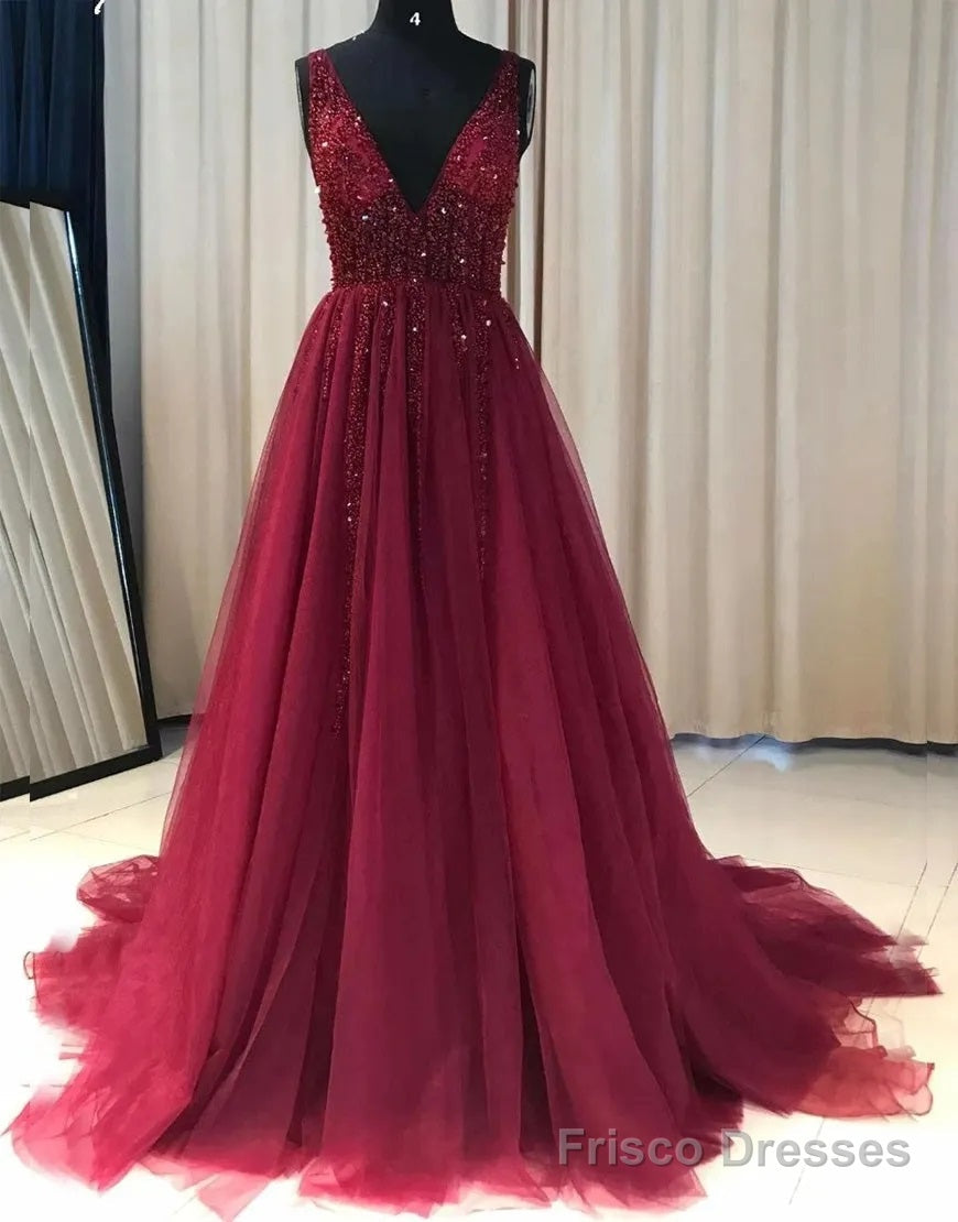 Red A-Line Deep V neck Sexy Beading Long Prom Dress Main image