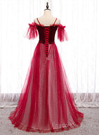 Red A-Line Floor Length Off Shoulder Long Formal Prom Dress, Red Long Formal Dress