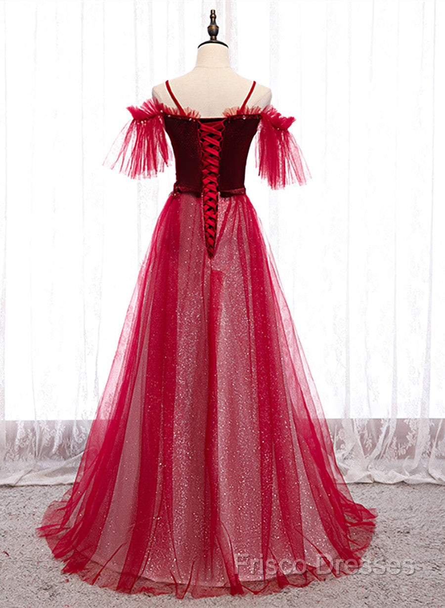 Red A-Line Floor Length Off Shoulder Long Formal Prom Dress, Red Long Formal Dress