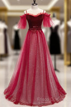 Red A-Line Floor Length Off Shoulder Long Formal Prom Dress, Red Long Formal Dress