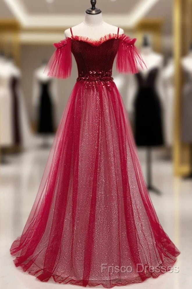 Red A-Line Floor Length Off Shoulder Long Formal Prom Dress, Red Long Formal Dress