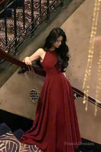 Red A Line Long Prom Dress Halter Formal Party Gown