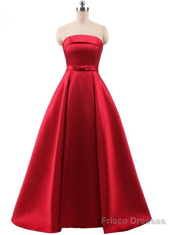 Red A Line Satin Strapless Prom Dress With Bow Main image