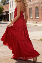 Red A-line V Neck Sleeveless Floor-Length Chiffon Prom Dress Long Prom Dresses Backless with Pleated Ruffles