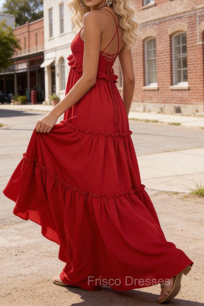 Red A-line V Neck Sleeveless Floor-Length Chiffon Prom Dress Long Prom Dresses Backless with Pleated Ruffles