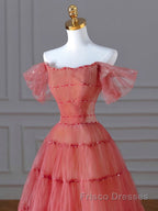 Red Aline Tulle Long Formal Prom Dresses, Red Tulle Formal Graduation Dresses With Beading Sequin