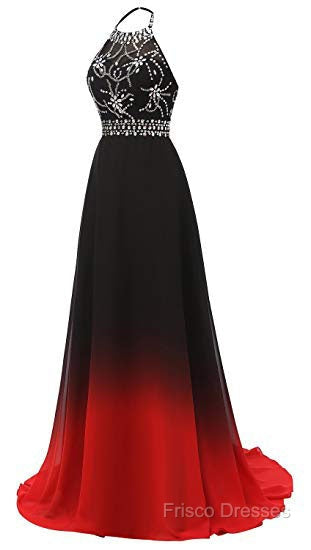 Red And Black Halter Beaded Chiffon Party Dress, A-Line Gradient Formal Dress