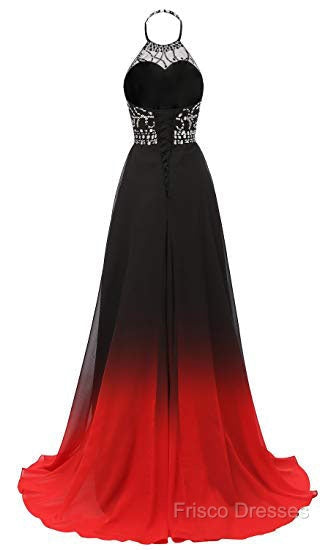 Red And Black Halter Beaded Chiffon Party Dress, A-Line Gradient Formal Dress