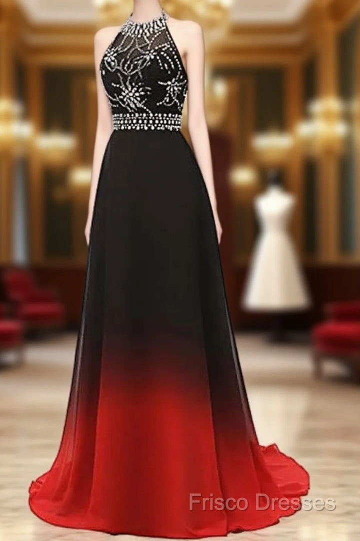Red And Black Halter Beaded Chiffon Party Dress, A-Line Gradient Formal Dress Main image