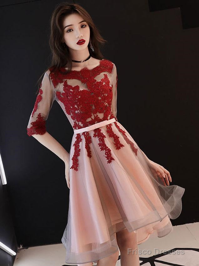 Red And Pink Tulle With Lace Short Sleeves Party Dress, High Low Homecoming Dress Main image