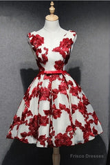 Red And White Short Homecoming Dress, Lace-Up Back Party Dress, Pretty Formal Dress