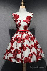 Red And White Short Homecoming Dress, Lace-Up Back Party Dress, Pretty Formal Dress