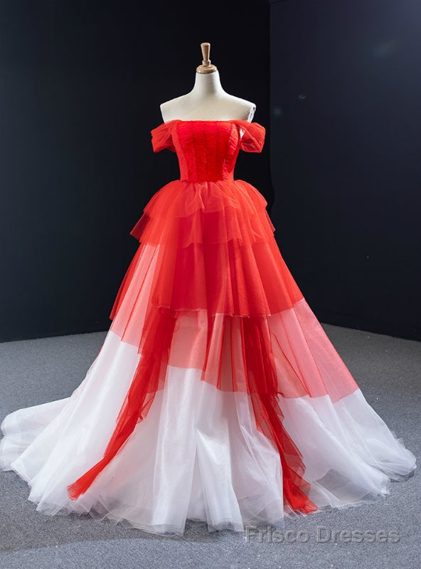 Red And White Tulle Off the Shoulder Pleats Beading Prom Dress Main image