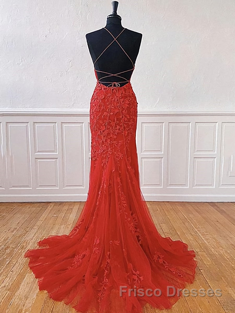 Red Backless Lace Formal Prom Dresses, Red Open Back Lace Formal Evening Dresses