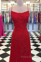 Red Backless Mermaid Lace Formal Prom Dress, Red Backless Lace Formal Graduation Evening Dress