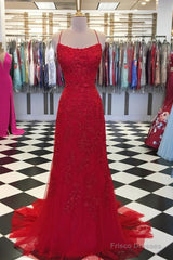 Red Backless Mermaid Lace Prom Dresses, Red Backless Lace Formal Graduation Evening Dresses