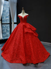 Red Ball Gown Lace Off the Shoulder Floor Length Quinceanera Dress