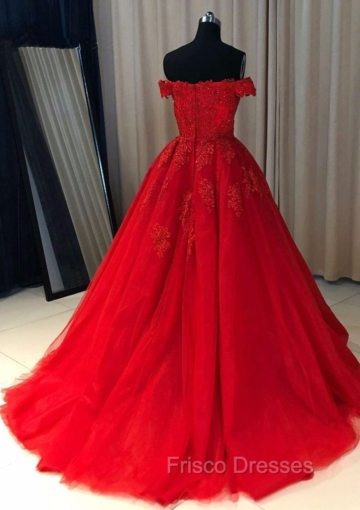 Red Ball Gown Off-the-Shoulder Sleeveless Court Train Tulle Formal Prom Dress With Pleated Appliqued