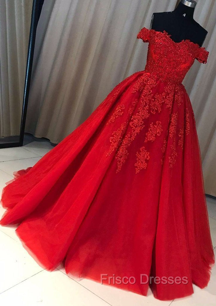 Red Ball Gown Off-the-Shoulder Sleeveless Court Train Tulle Formal Prom Dress With Pleated Appliqued