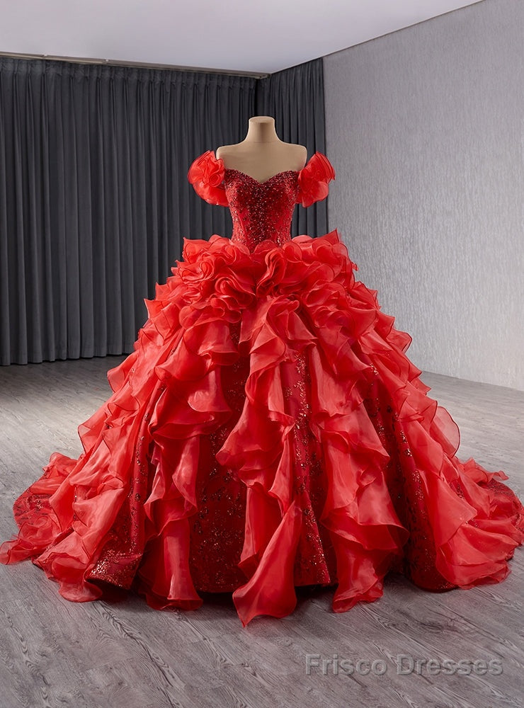 Red Ball Gown Sequins Off the Shoulder Pearls Prom Dress – Frisco Dresses