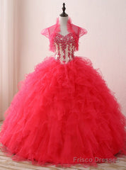 Red Ball Gown Sweetheart Neck Appliques Organza 16 Birthday Dress