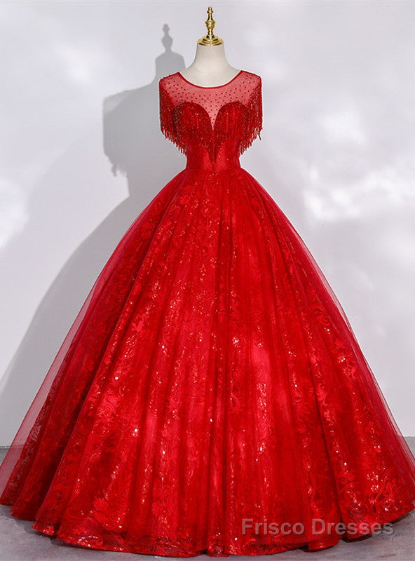 Red Ball Gown Tulle Beading Backless Quinceanera Dress Main image