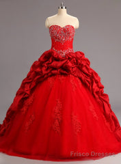 Red Ball Gowns Ruffles Tulle Taffeta Lace Appliques For 15 Year