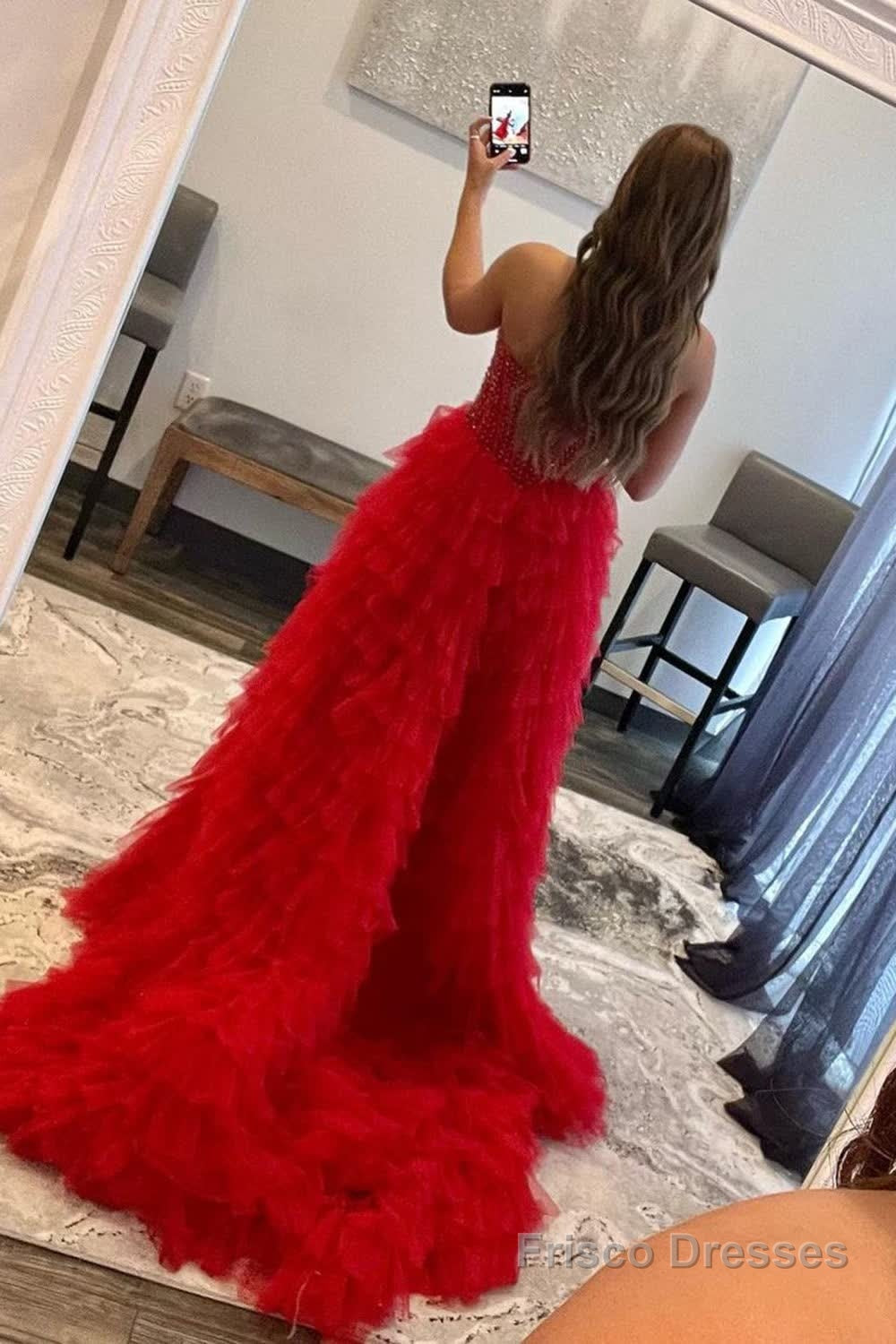 Red Beaded A-Line Tiered High Low Prom Homecoming Dress Secondary image