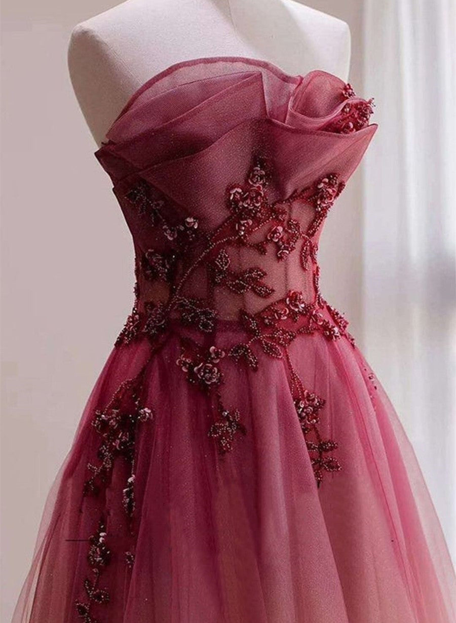 Red Beaded Gradient Tulle Long Party Dress, A-Line Elegant Lace-Up Prom Dress