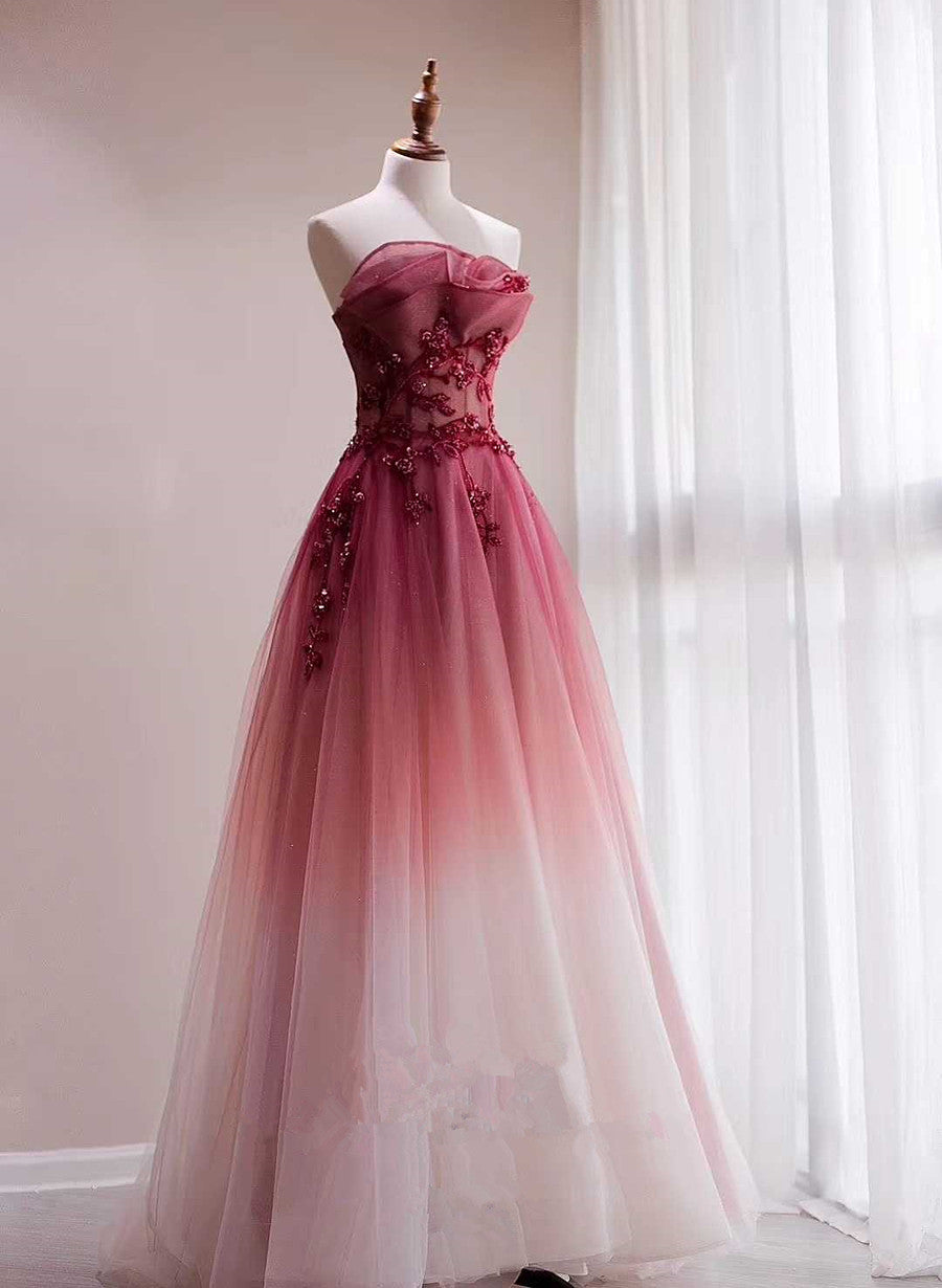 Red Beaded Gradient Tulle Long Party Dress, A-Line Elegant Lace-Up Prom Dress