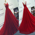 Red Beading Sparkly Unique Ball Gown Round Neck Formal Elegant Long Prom Dresses