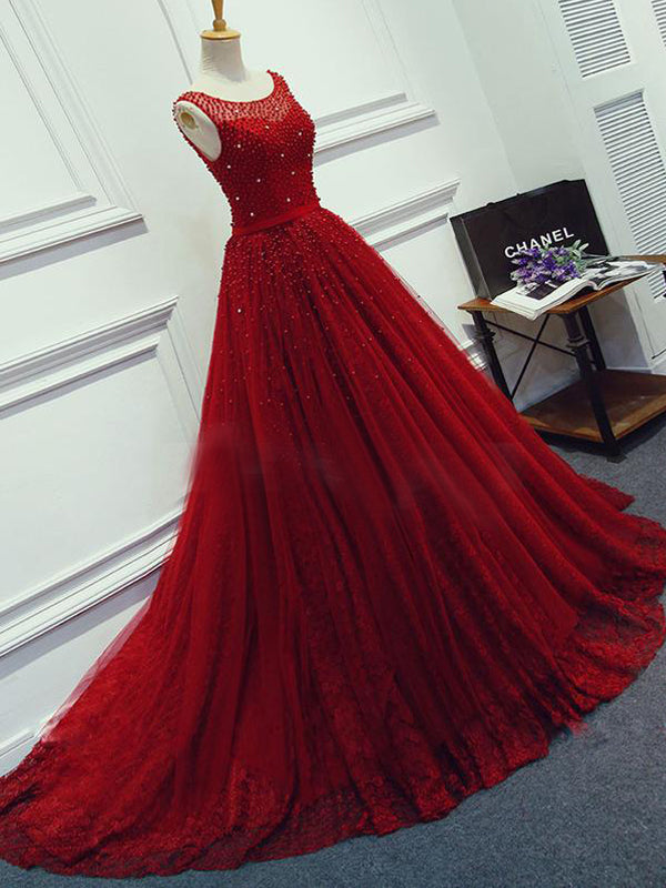 Red Beading Sparkly Unique Ball Gown Round Neck Formal Elegant Long Prom Dresses Main image